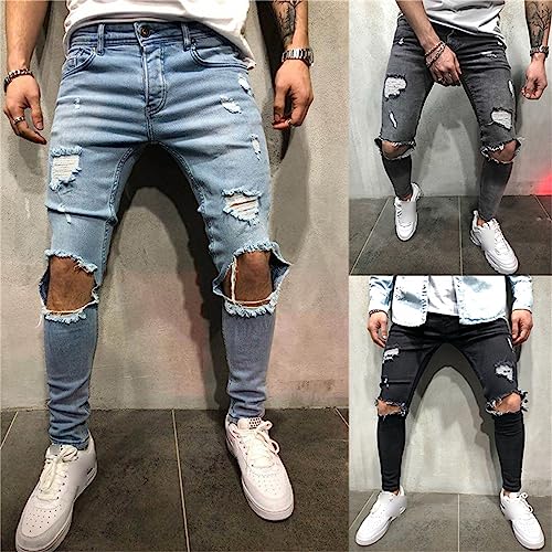 Men's Stretchy Knee Ripped Jeans Slim Fit Distressed Denim Pants Destroyed Causal Skinny Elastic Denim Trousers3