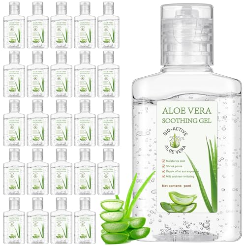 Dansib 24 Pcs Mini Aloe Vera Gel Bulk Travel Size 1oz Soothing Moisture Aloe Vera Gel for Face and Body After Sun Lotion Skin Care Sunburn Relief for Beach Summer Gifts Wedding Party Supplies(Regular)