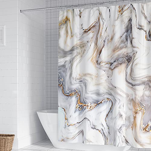 Nljihkure 4 Pcs Marble Bathroom Curtains Shower Decor Set With Non-Slip Rug, 12 Hooks, Toilet Lid Cover And Bath Mat #TOP1