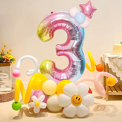 Image of 40 Inch Giant Rainbow Number 3 Balloons, Birthday Balloons, Helium Mylar Foil Big Number Balloons for Birthday Party Decorations, Kids' Birthday Anniversary Party Baby Shower Unicorn Parties