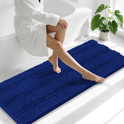 Image of Smiry Thick Chenille Bathroom Runner Rugs 59x20, Absorbent Striped Bath Mat, Machine Washable, Rubber Backing, Extra Long Bath Rugs for Tub & Shower, Modern Home Decor Accessories, Navy