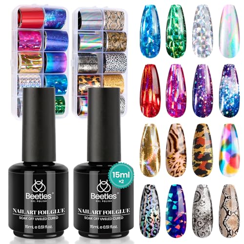 Beetles Nail Foil Art Kit, 20 Pcs Nail Foils Transfer with 30ml Nail Foil Glue Gel for Nails - Metal Holographic Leopard Stickers Gels Nail Polish Set LED Lamp Required Soak Off Manicure Nails Art DIY
