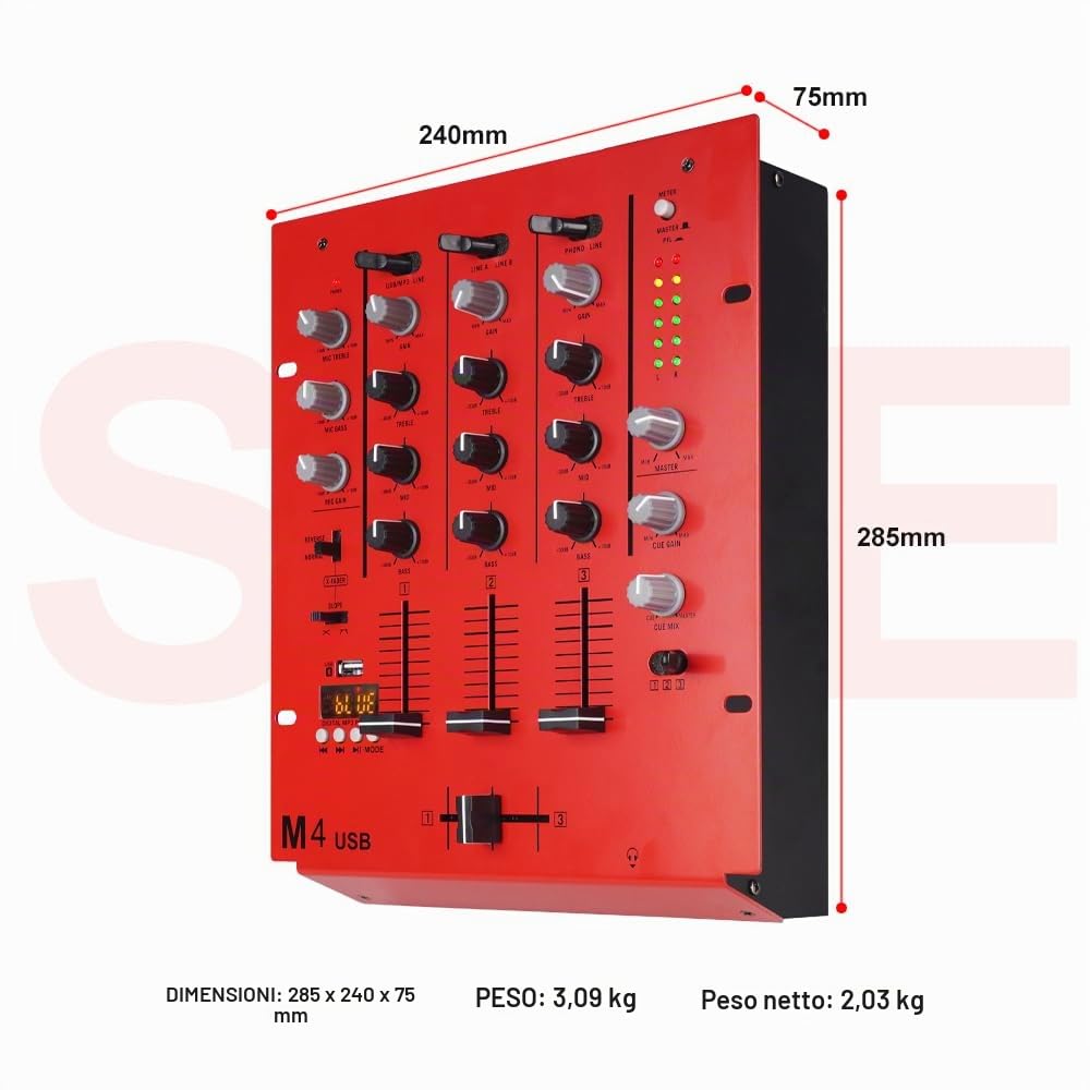 M4 - Console DJ a 4 canali (Rosso), Mixer audio con Bluetooth e USB, Crossfader, EQ a 3 bande, regolatore di guadagno e funzione Cue-Monitor - Soundboard professionale per festa, club, karaoke