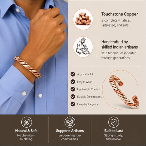 Image of Touchstone Copper magnetic bracelet Tibetan style. Hand forged with solid and high gauge pure copper. Twisted rope look. 2 metal look.