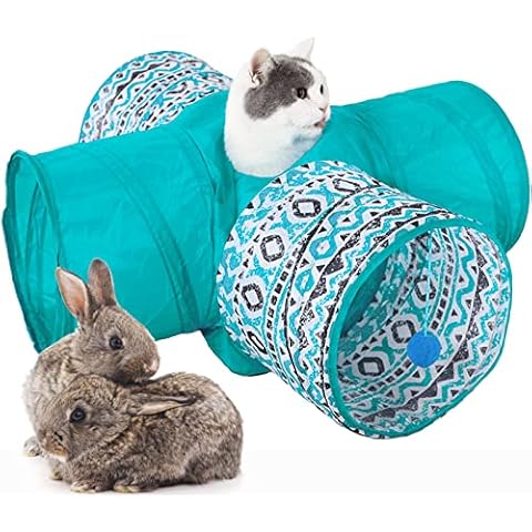 LeerKing Katzentunnel 4 Wege Kaninchen Tunnel Wasserdichter Spieltunnel Ohne Raschel faltbar Katzenspielzeug Tunnel für alle Katzen Hase Welpen Meerschweinchen kleinetiere Blau 25cm*85cm Cover