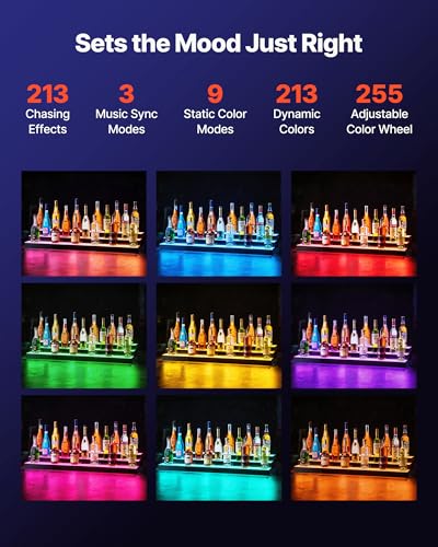 Image of VEVOR LED Lighted Liquor Bottle Display, 3 Tiers 48 inches, Acrylic Illuminated Home Bar Shelf Display with RF Remote & App Control, DIY Setup with Type-C Cables, 9 Static Colors, for 36-48 Bottles