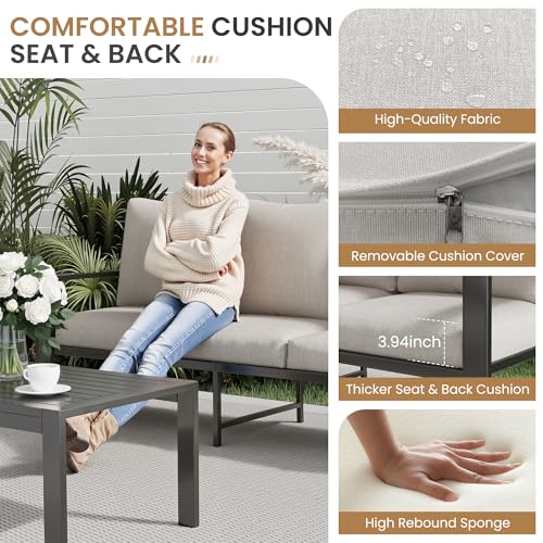 Image of Outdoor Sofa Chair Aluminum Patio Couch Set of 2 All-Weather Patio Sofa Armchair Furniture Set Chairs with Beige Cushions