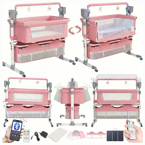 Image of MoLi Electric Bluetooth Smart Baby Bedside Crib Multifunctional Bassinet for Co-Sleeping Convertible Foldable Infant Bedside Sleeper Cot Toddler Cradle with 5 Swaying Gears Remote Control (601 Pink)