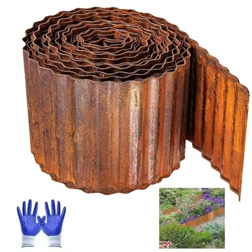 12M Rasenkante aus Cortenstahl Beeteinfassung aus Metall 15 cm Hoch Einfache Montage - Robustes Stay-in-Place Design Rasenkante aus Metall für GartenBeet Rasen und Wege inkl. Handschuhe