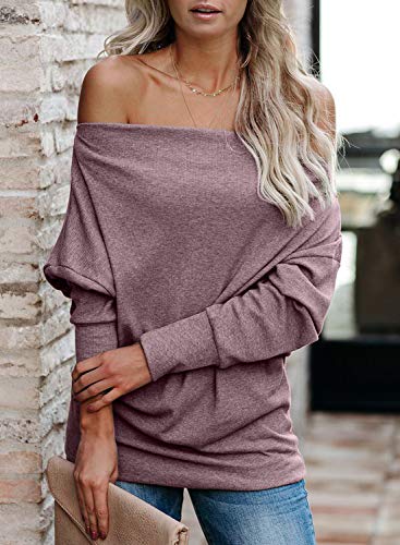 Dokotoo Sexy Zip Up One Off The Shoulder Sweatshirt For Women Zipper Long Batwing Sleeve Ribbed Tops And Blouses Solid Color Loose Fit Shirts Pink Medium #TOP6