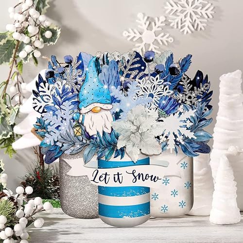 Image of ANGEL INFINITE inchLet It Snow inch Wooden Wall Hanging Decor | Blue Winter Gnomes & Snowflake Decorative Sign | Rustic Christmas Holiday Plaque for Home, Living Room & Entrance (30x30 cm)