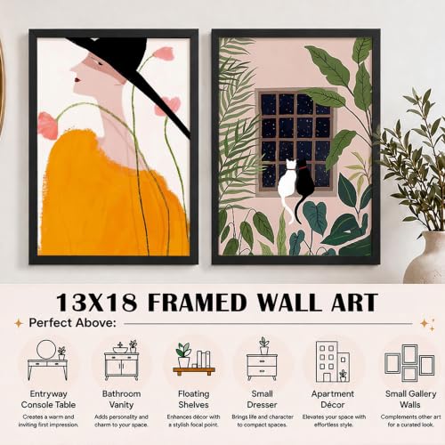 Image of PAINTINGMANTRA Girl with Hat Green Leaf Framed wall art Painting for Kids Room, cartoon Wall Art For living room, Office, Set of 2, 13x18 Inch