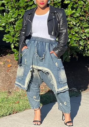 LETSVDO Womens Baggy Harem Jeans Elastic Waist Wide Leg Barrel Cargo Patchwork Ripped Hippie Cropped Denim Jogger Pants4