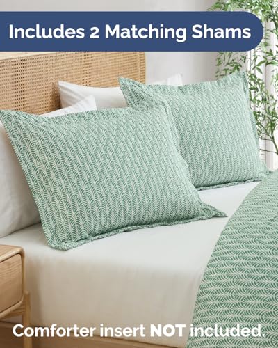 Image of Duvet Cover King Size Set - Extra Soft Floral Duvet Cover 104 x 90 with 2 Pillow Shams - Comfy, Cozy, Breathable Floral Bedding Set - Hotel Luxury & Fade Free w / Zipper Closures and Ties - Sage Palms
