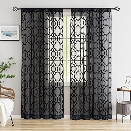 Geo Modern Lace Sheer Black Window Curtains 95 inch Long Moroccan Trellis Light Filtering Window Treatment Sets Bedroom Living Room Curtain Drapes for Basement Laundry Room, Rod Pocket 52" W 2 Panels