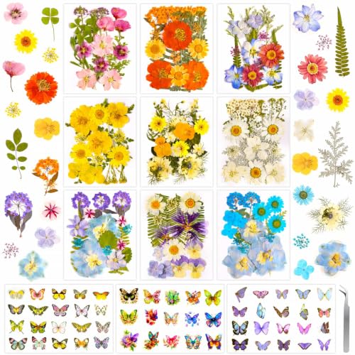 Image of 284 Pcs Real Dried Pressed Flowers & Butterfly Stickers for Resin Crafts