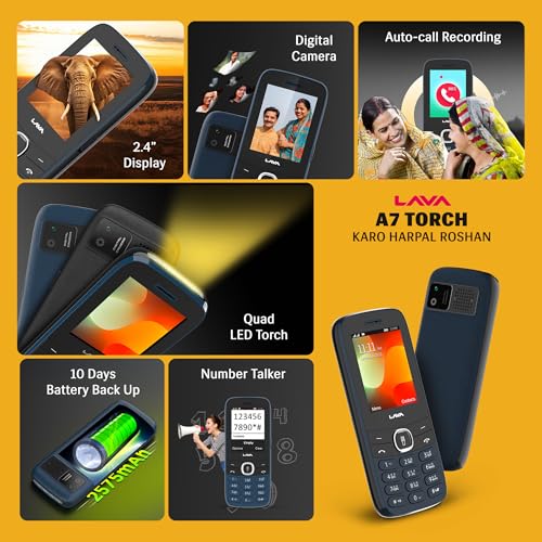 Image of Lava A7 Torch Dual Sim Keypad Mobile Phone (with Instant Slide Torch)| 2.4 inch Big Display | Powerful Battery Backup | Vibration Alert | Camera | Wireless FM & Bluetooth | Blue