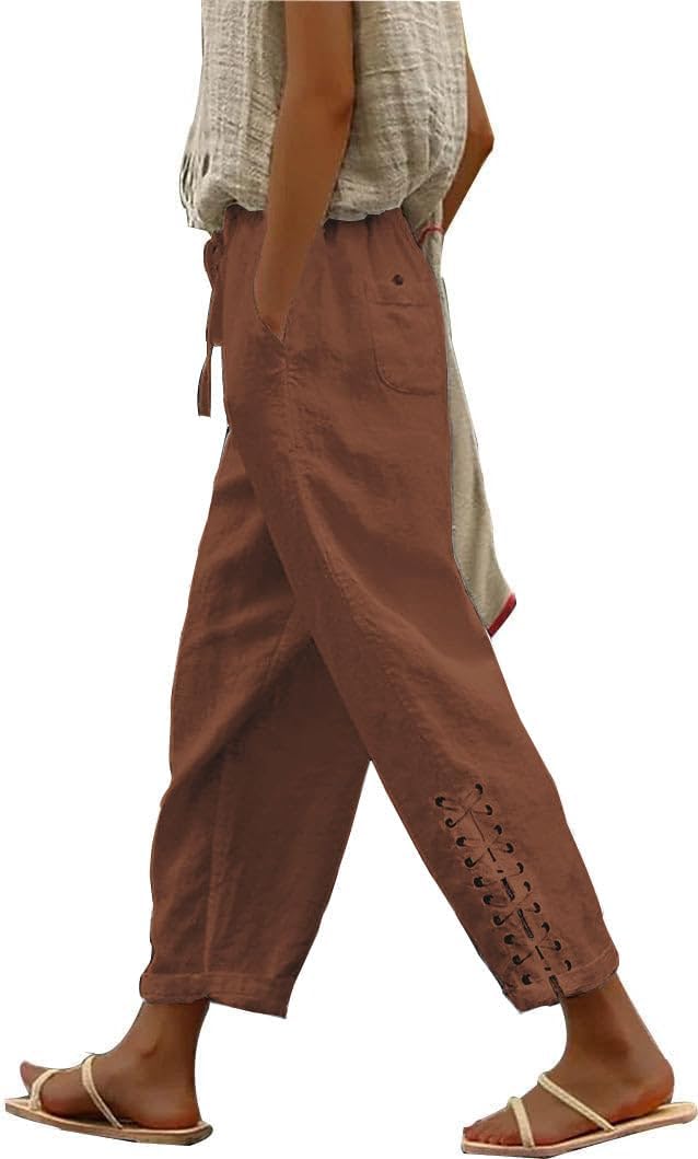 BIRW 2026 Summer Women Cotton Linen Pants Casual High Waist Comfy Lightweight Gauze Pants with Pockets Beach Trousers
