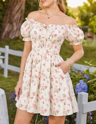 Scarlet Darkness Floral Corset Mini Dress Women Teen Summer Off Shoulder Dress Graduation Cute Sundress with Pockets Apricot Orange XL — view 2