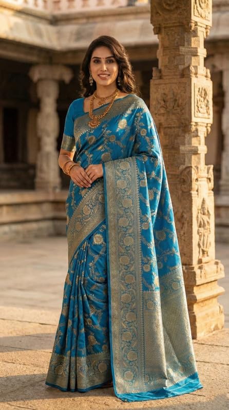 Image of C J Enterprise Women's Pure Soft Silk Saree With Blouse Piece For Wedding (Veil)
