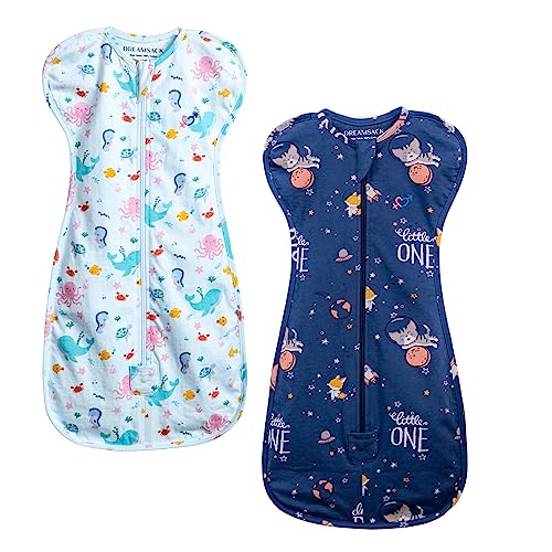 haus & kinder Dreamsack 100% Cotton Snug Swaddle for New Born Baby, Hands Up Position, 0-3 Months, Pack of 2 (Spacewalk-Vitamin Sea)