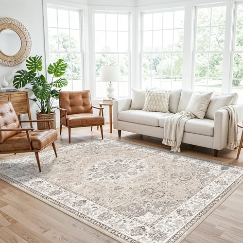 Image of Washable 5x8 Living Room Area Rug: Vintage Water-Resistant Soft Rug for Bedroom Dining Room Non Slip Apartment Low Pile Carpet Thin Floor Mat for Dorm Home Office Printed Beside Rug(5x8，Beige)
