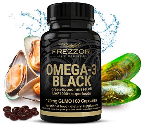 FREZZOR Omega 3 Black, Most Powerful Green Lipped Mussel Oil New Zealand, UAF1000+, Joint Pain Relief, Inflammation Supplement, Heart and Immune Support, No Fishy Aftertaste, 450mg, 1 Pack, 60 Count