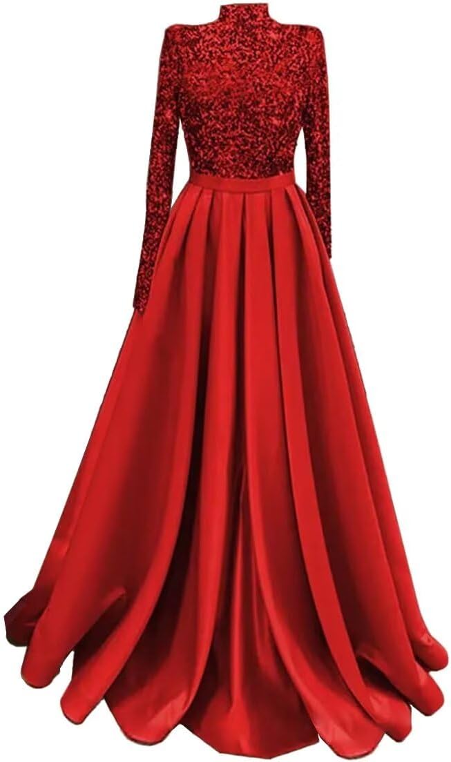 High Neck Mermaid Prom Dresses 2024 Long Sleeves Sequin A-Line Satin Split Formal Evening Party Gowns with Train