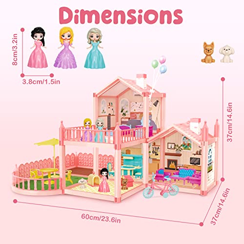 Image of deAO Dollhouse with Furniture and Accessories, Dollhouse with 2 Floors, 3 Bedrooms, Balcony, 3 Dolls, 17 Furniture, Bicycles, Gift for Girls for 3 4 5 6 7 8 Years