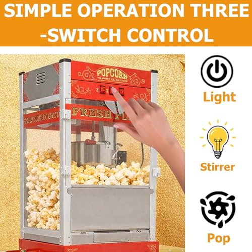 Image of 28OZ Commercial Popcorn Machine with Cart - kettle popcorn makers with heating Stainless Steel Kettle 3-Switch Control for Corporate, School, Business, Institutional, Theater, Carnival, Church, Red