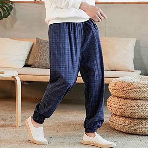 Xzbailisha MC-XZZ1053-BLUE-5XL Men Casual Plaid Print Linen Cotton Pants Drawstring Elastic Waist Casual Long Loose Trousers Blue thumb #5