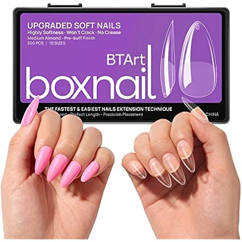 BTArtbox Almond Nail Tips for Gel Nails, 500 Pieces, Pre-Buff Soft Gel Tips for Nails, Soak Off Almond Full Cover Nail Tips, Medium Resin False Nails with Box, No Cracks, No Marks, 10 Sizes Cover