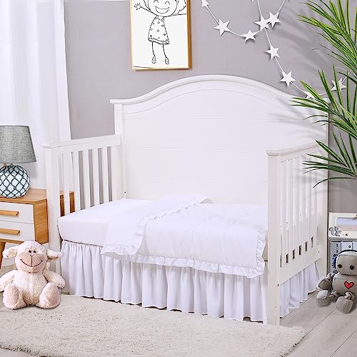 Image of Cloele 3 Pieces Baby Crib Bedding Set- Solid Ruffle Quilted Set Includes Comforter Fitted Sheet Crib Skirt for Boys and Girls - Cute Ruffled Nursery Crib Standard Size Baby Bedding Set White