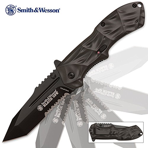 Smith & Wesson Black Ops SWBLOP3TS 7.7in S.S. Assisted Opening Knife with 3.4in Serrated Tanto Blade and Aluminum Handle for Tactical, Survival and EDC