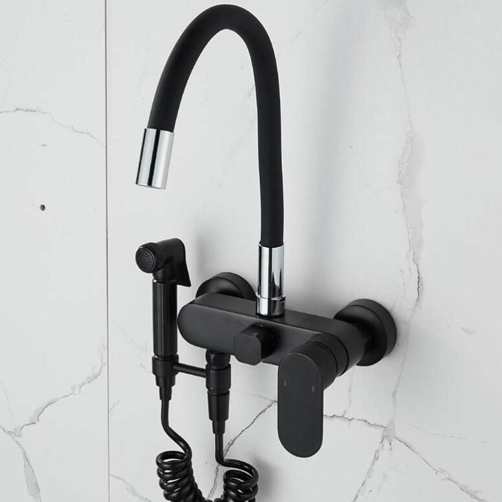 Kitchen Mixer Tap Wall Mounted Taps Sink Faucet Universal Rotating Brass with Spray Gun Hot and Cold-A Needed