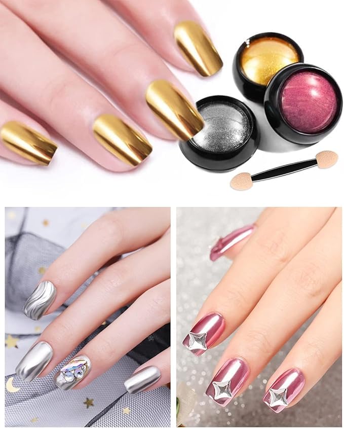EXPESIA Colors Chrome Nail Powder Set, Reflective Glitter Metallic Mirror Effect for Nails Art Design 3D Holographic Silver Rose Gold Pigment (2- PCS, Gold - Silver) 2