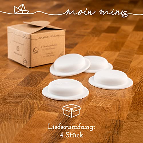 moin minis 4er Set Verschluss-Deckel/Plättchen für NUK-Flaschen - sicheres Verschließen, hygienische Aufbewahrung von Muttermilch, perfekt für unterwegs, Babyflasche, +0 Monate, weiß