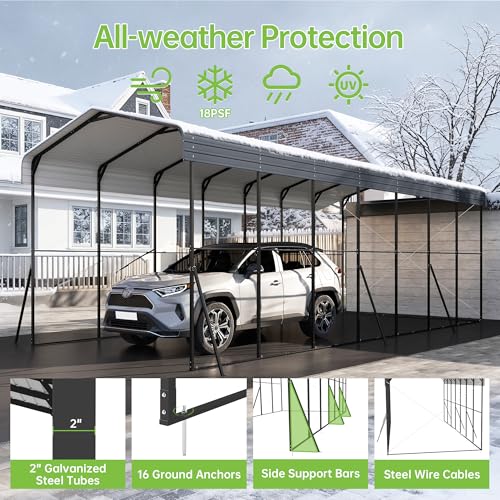 Image of 14x35x13ft RV Metal Carport with Galvanized Steel Roof, Heavy Duty Car Canopy,Outdoor Extra Long & Tall Garage Shelter Shade for RV, SUV, Truck, Tractors and Boats, Tools Gray