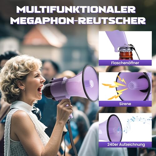 MyMealivos 30W Megafon mit Sirene & 240s Rekord-verstellbare Vol Control Abdeckung bis zu 300 Fuß Reichweite passend für Sportspiele Cheerleading Coaches Veranstalter-Lila