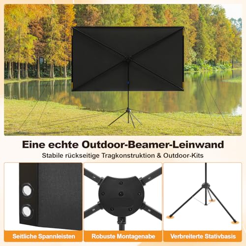 Beamer Leinwand Outdoor mit Stativ, 80 Zoll (16:9), Tragbare Beamer Leinwand, Windresistentes Design für Projektionsleinwand, inkl. Heringen & Seilen, Hohe Gainzahl, 4K Bild für Heimkino und Camping.