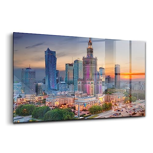 Wallart moderne et tableau en verre 120x60cm : Panorama Varsovie Sunset coloré