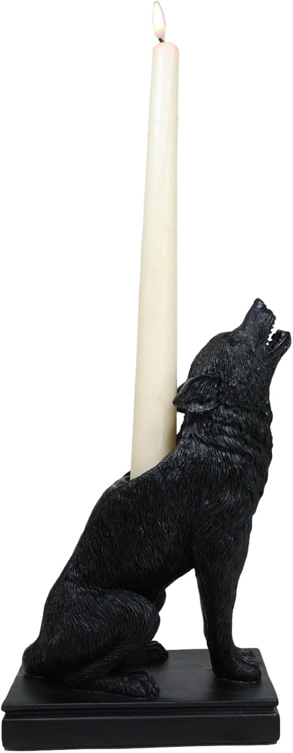 Ebros Gift Mystical Wicca Gothic Alpha Gray Wolf Ulula Noctis Candlestick Holder Figurine 7.25" High Timberwolf Wolves Halloween Candleholder Taper Candle
