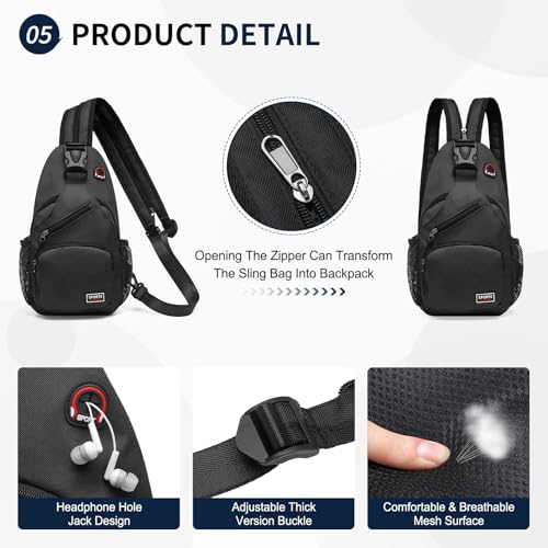 Image of Convertible Sling Bags for Women Men, Lightweight Crossbody Backpack Daypack Fit for 7.9 inch Tablet for Casual Travel Sport Hiking (Black)
