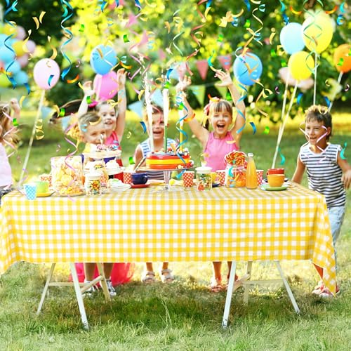 Image of Kochorie 54 Inch x 300 Ft Light Yellow Checkered Plastic Table Cloth Roll Disposable Waterproof Table Cover Plastic Table Cover Roll with Easy Slide Cutter for Outdoor Picnic /Home Dining /Spring Party