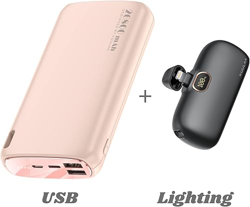 Kuulaa Pequeño cargador portátil iPhone 5000mAh con cable Lightning incorporado y 26800mAh de alta capacidad Banco de energía de doble salida batería