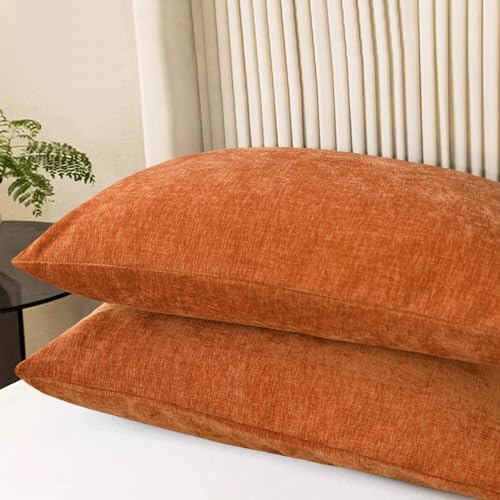Image of CaliTime Fall Throw Pillow Covers Decorative 20 X 26 Inches Pack of 2 Cozy Chenille Standard Pillow Shams Cases for Couch Sofa Bed Living Room Home Burnt Orange