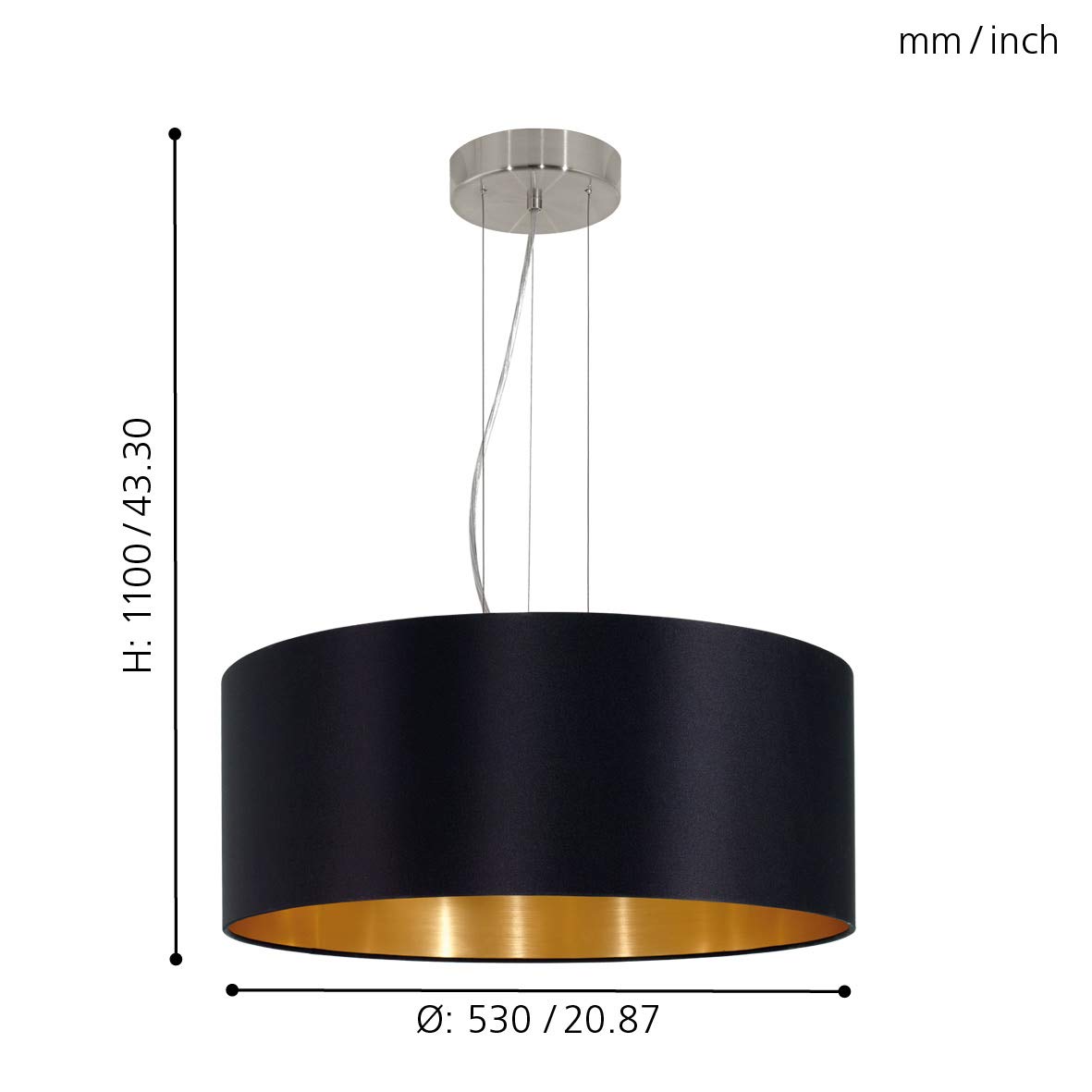 Lustre Suspension Eglo MASERLO - 3 Flammes, Abat-Jour Tissu Noir/Or - Acier Nickel Mat - Ø53cm