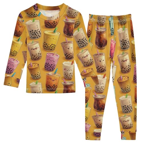 Pajama Sets Long Sleeve Bubble Tea Variety Pattern Soft Comfy Sleepwear 2 Piece PJS 3-8T