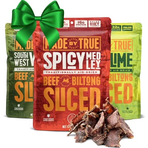 Made by True Beef Sliced Bites Spicy Variety (2 oz, Pack of 3) - All Natural, Zero-Sugar True Jerky Biltong - High Protein, Keto, Paleo & Whole30 Diet - Sugar-Free, Gluten-Free, Carb-Free