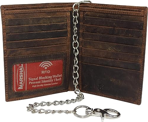 MARSHAL RFID Blocking Vintage Leather Slim Hipster Bifold Biker Long Chain Wallet for Men (Brown)